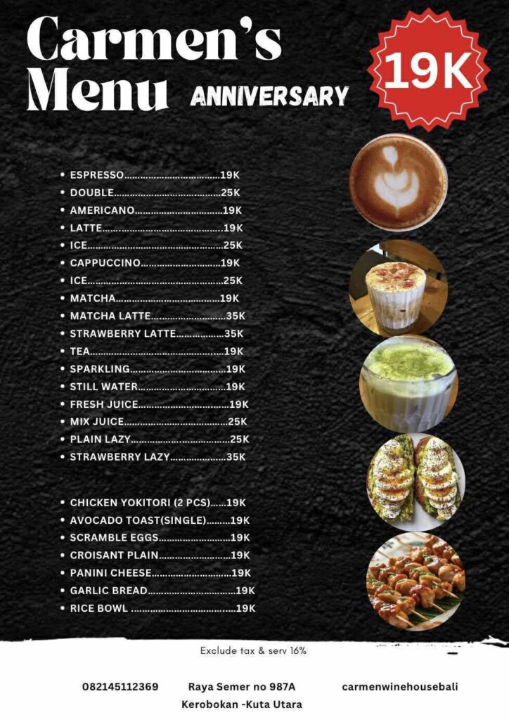 Carmen Special Anniversary Menu